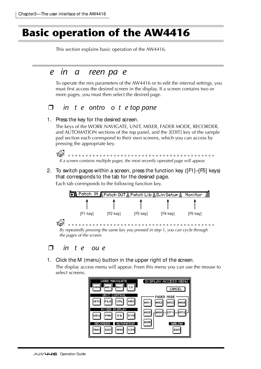 Yamaha Basic operation of the AW4416, Accessing a screen/page, Using the controls of the top panel, Using the mouse 