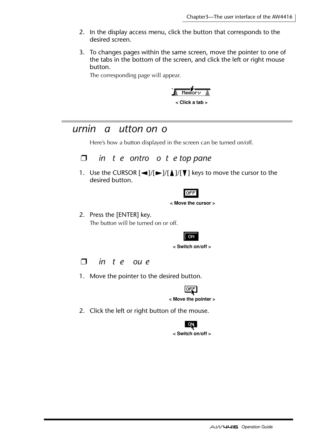 Yamaha AW4416 manual Turning a button on/off, Press the Enter key, Move the pointer to the desired button 