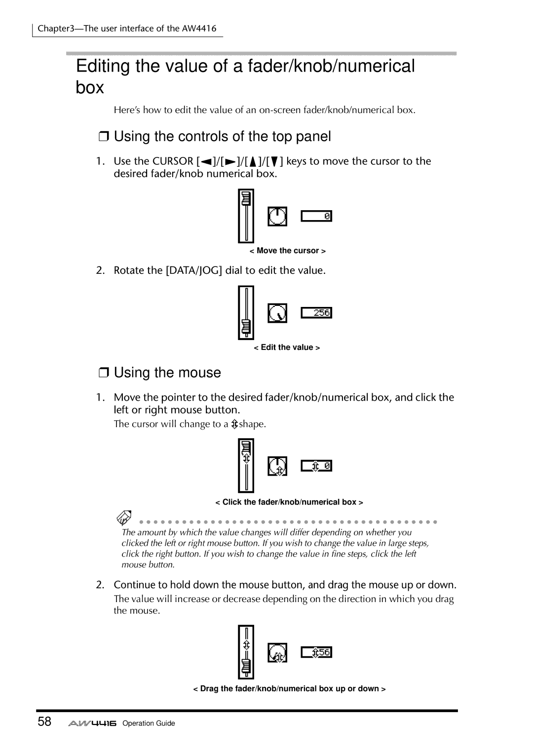 Yamaha AW4416 manual Editing the value of a fader/knob/numerical box, Rotate the DATA/JOG dial to edit the value 
