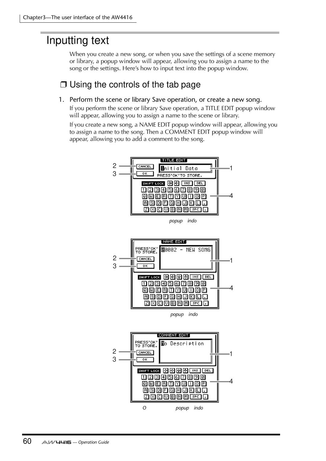 Yamaha AW4416 manual Inputting text, Using the controls of the tab 