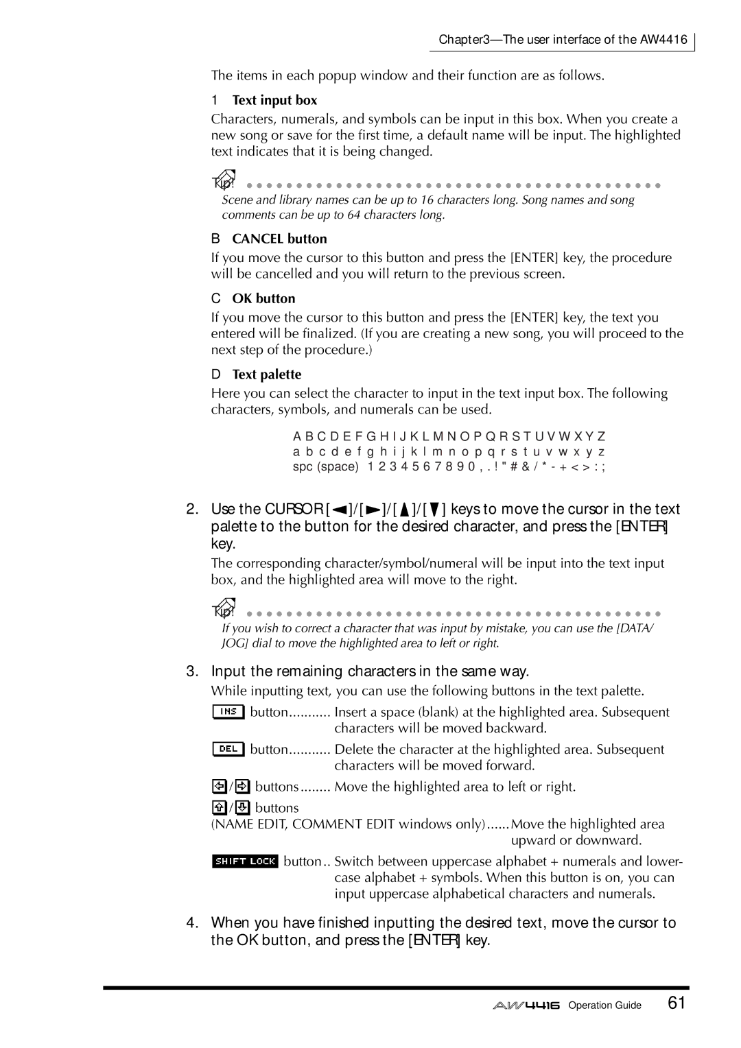 Yamaha AW4416 manual Input the remaining characters in the same way, Text input box, Cancel button, OK button, Text palette 