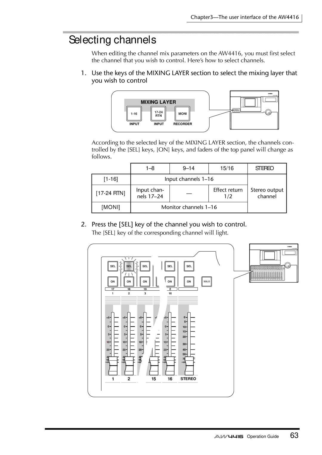 Yamaha AW4416 manual Selecting channels, Press the SEL key of the channel you wish to control 