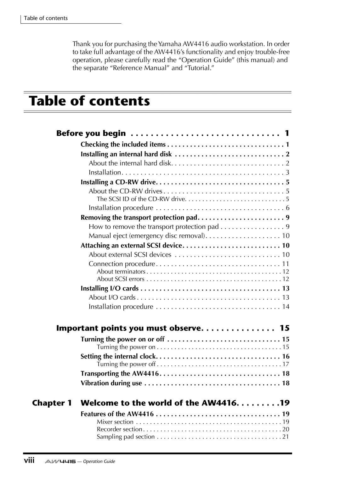 Yamaha AW4416 manual Table of contents 