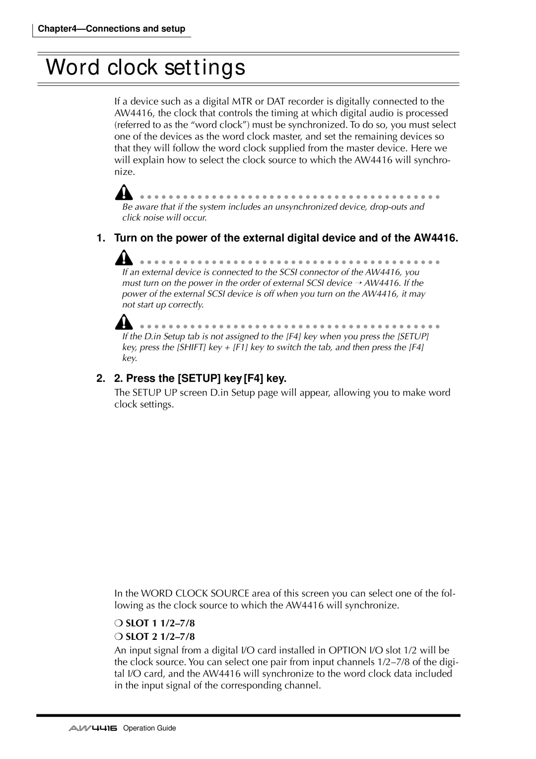 Yamaha AW4416 manual Word clock settings, Press the Setup key → F4 key, Slot 1 1/2-7/8 Slot 2 1/2-7/8 