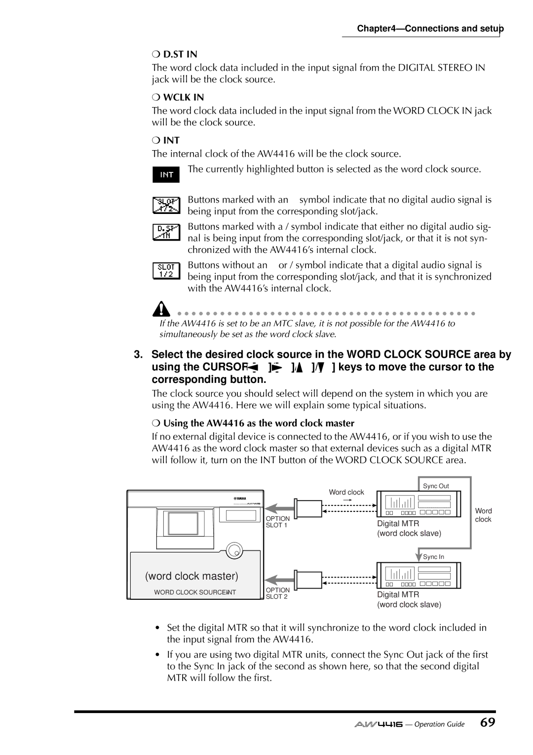 Yamaha manual AW4416 Word clock master, Wclk, Int, Using the AW4416 as the word clock master 