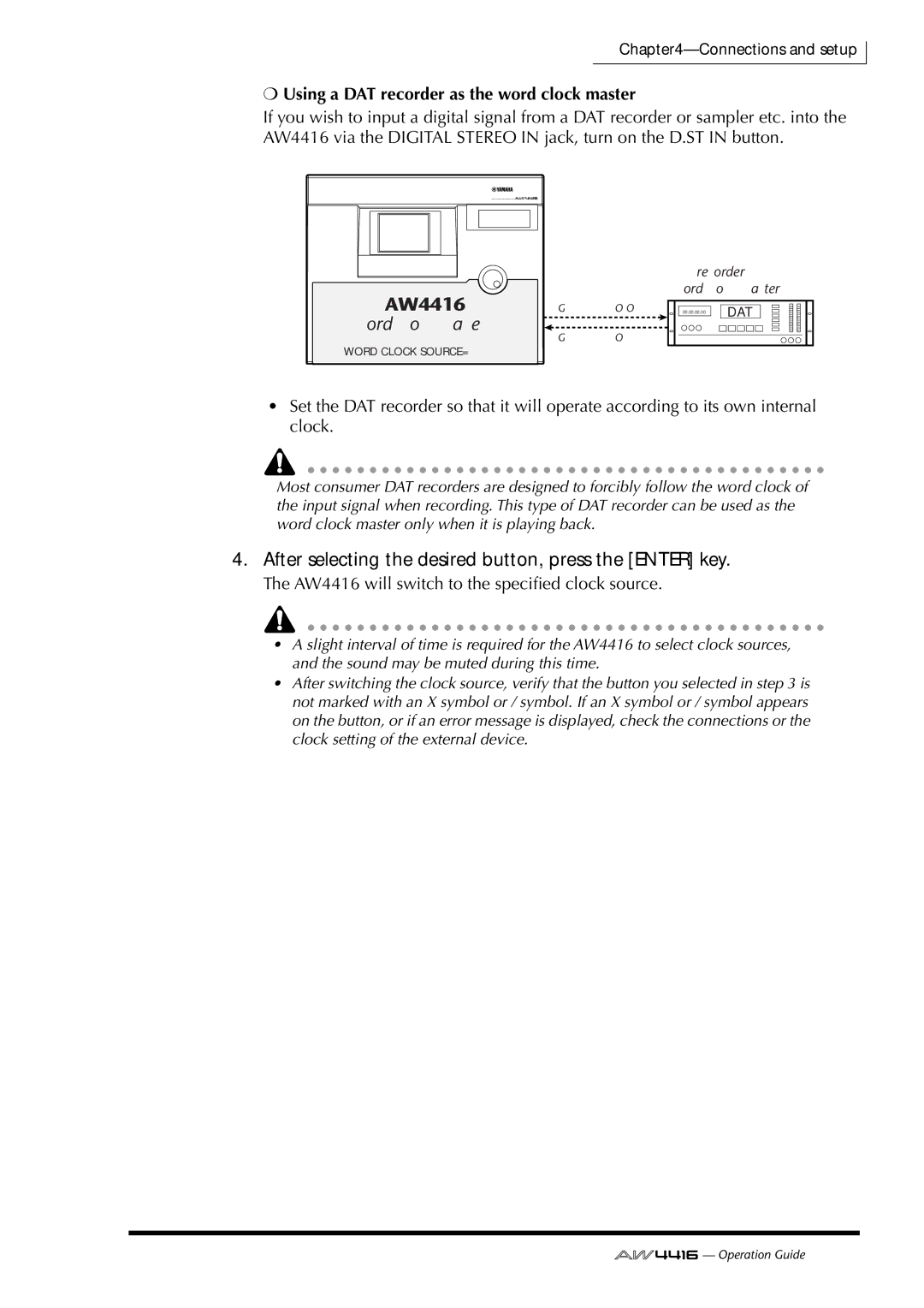 Yamaha AW4416 manual After selecting the desired button, press the Enter key, Using a DAT recorder as the word clock master 