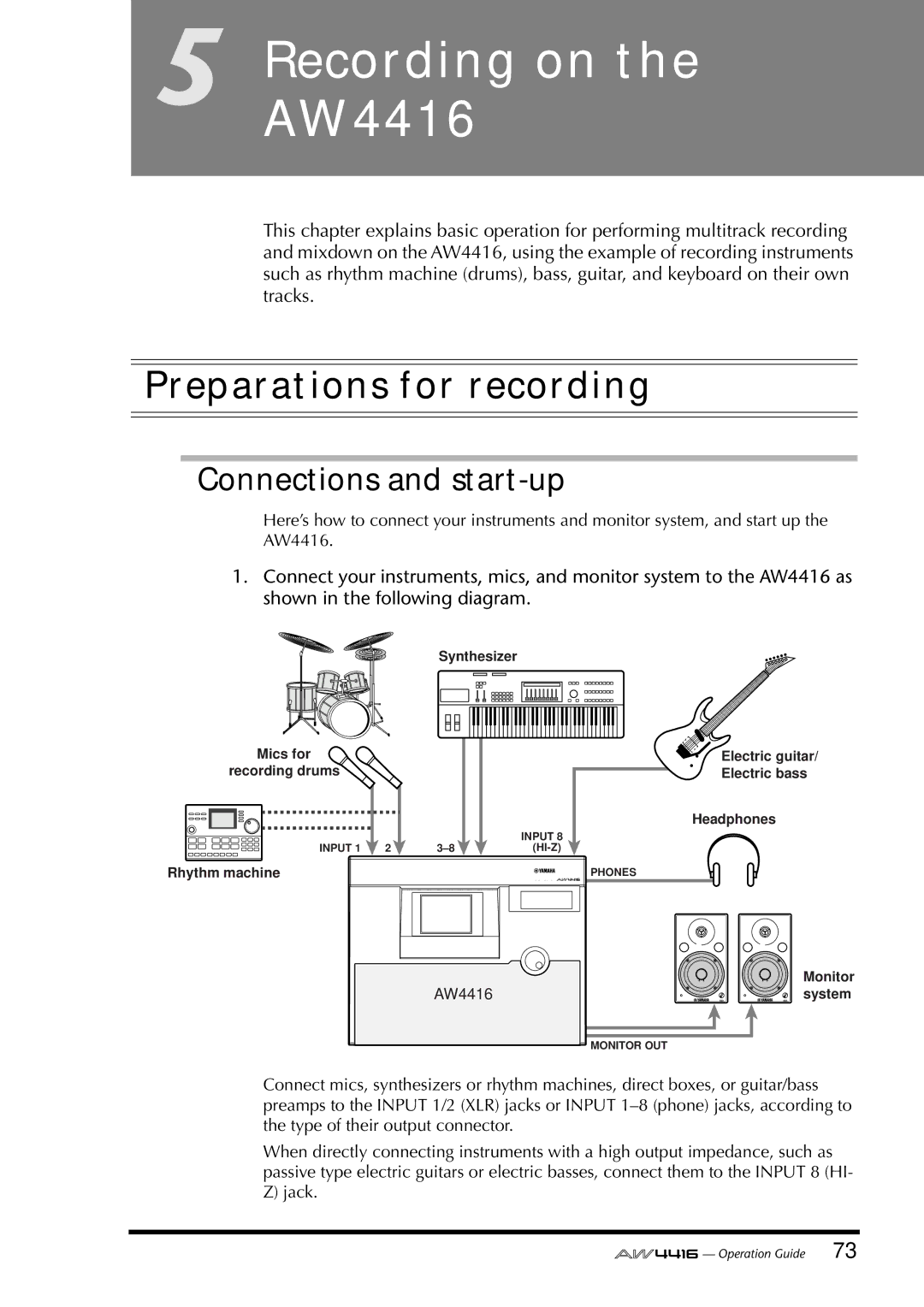 Yamaha manual RecordingAW4416 on, Preparations for recording, Connections and start-up 