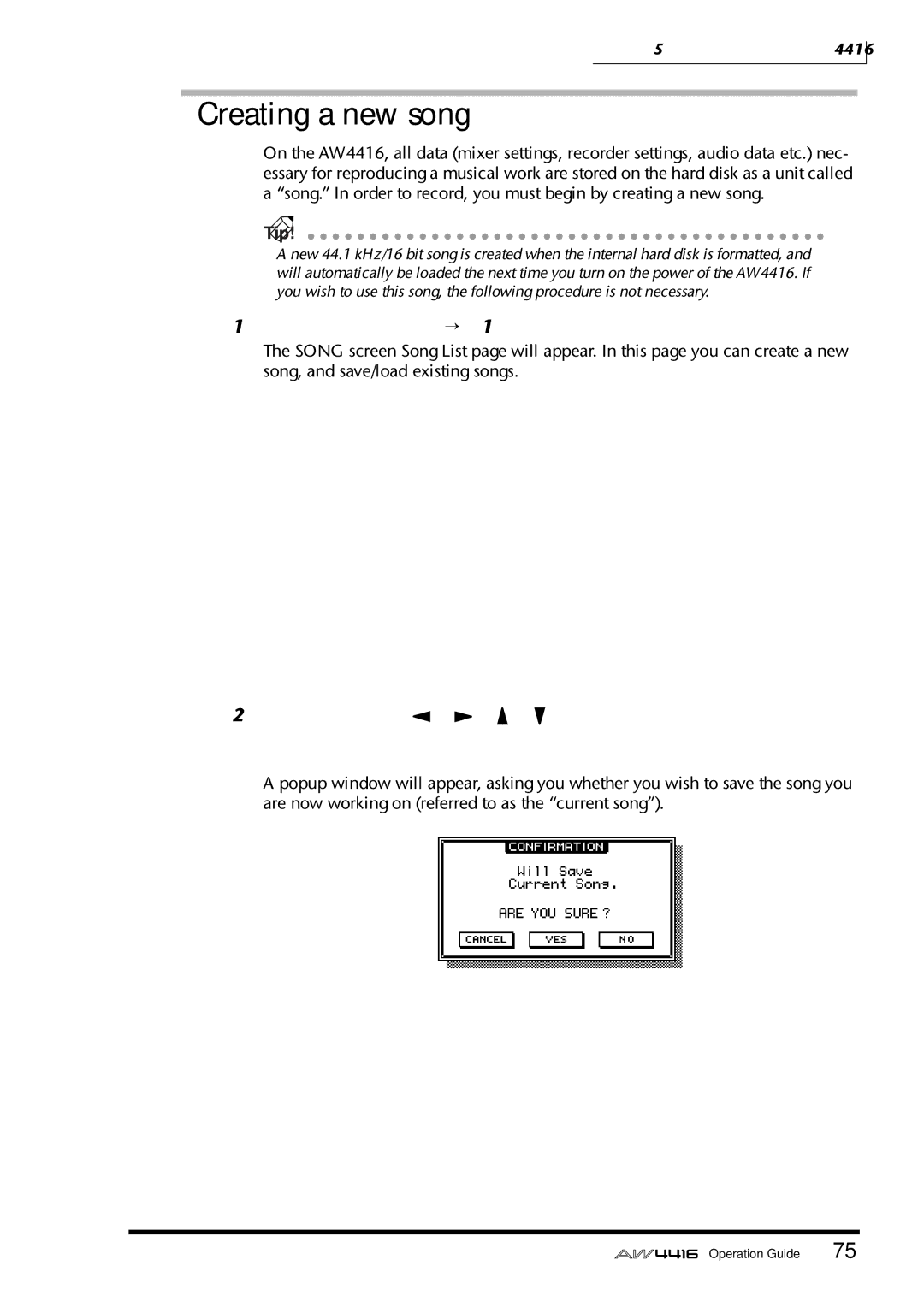 Yamaha AW4416 manual Creating a new song, Press the Song key → F1 key 