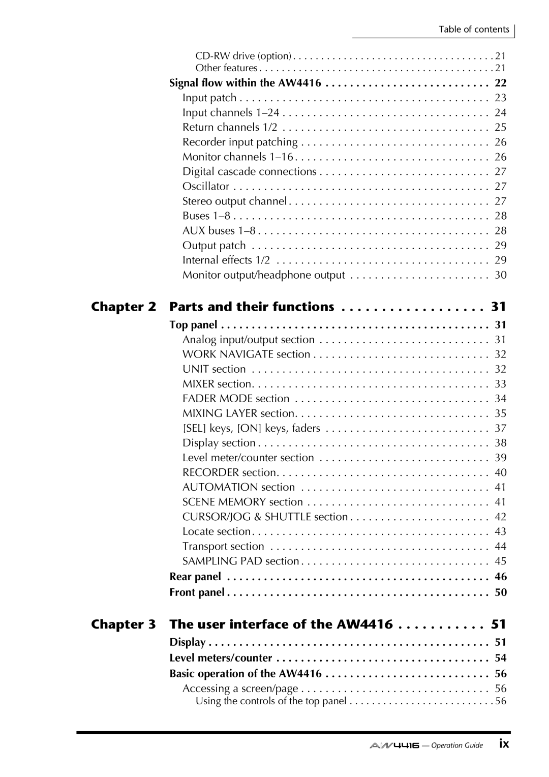 Yamaha manual Signal flow within the AW4416, Top panel, Rear panel Front panel, Accessing a screen/page 