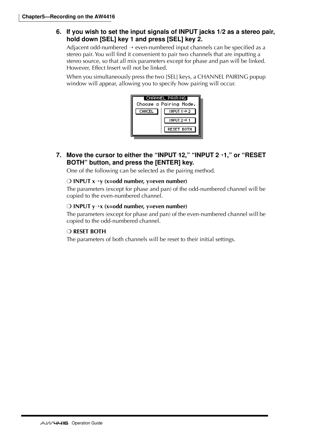 Yamaha AW4416 manual Input x→y x=odd number, y=even number, Input y→x x=odd number, y=even number, Reset Both 