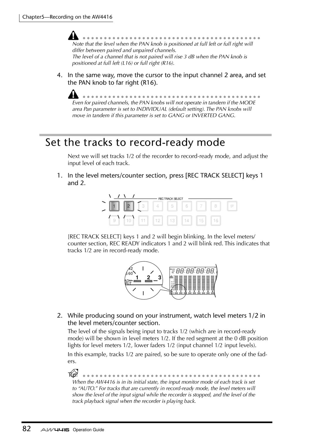 Yamaha AW4416 manual Set the tracks to record-ready mode, Level meters/counter section, press REC Track Select keys 1 