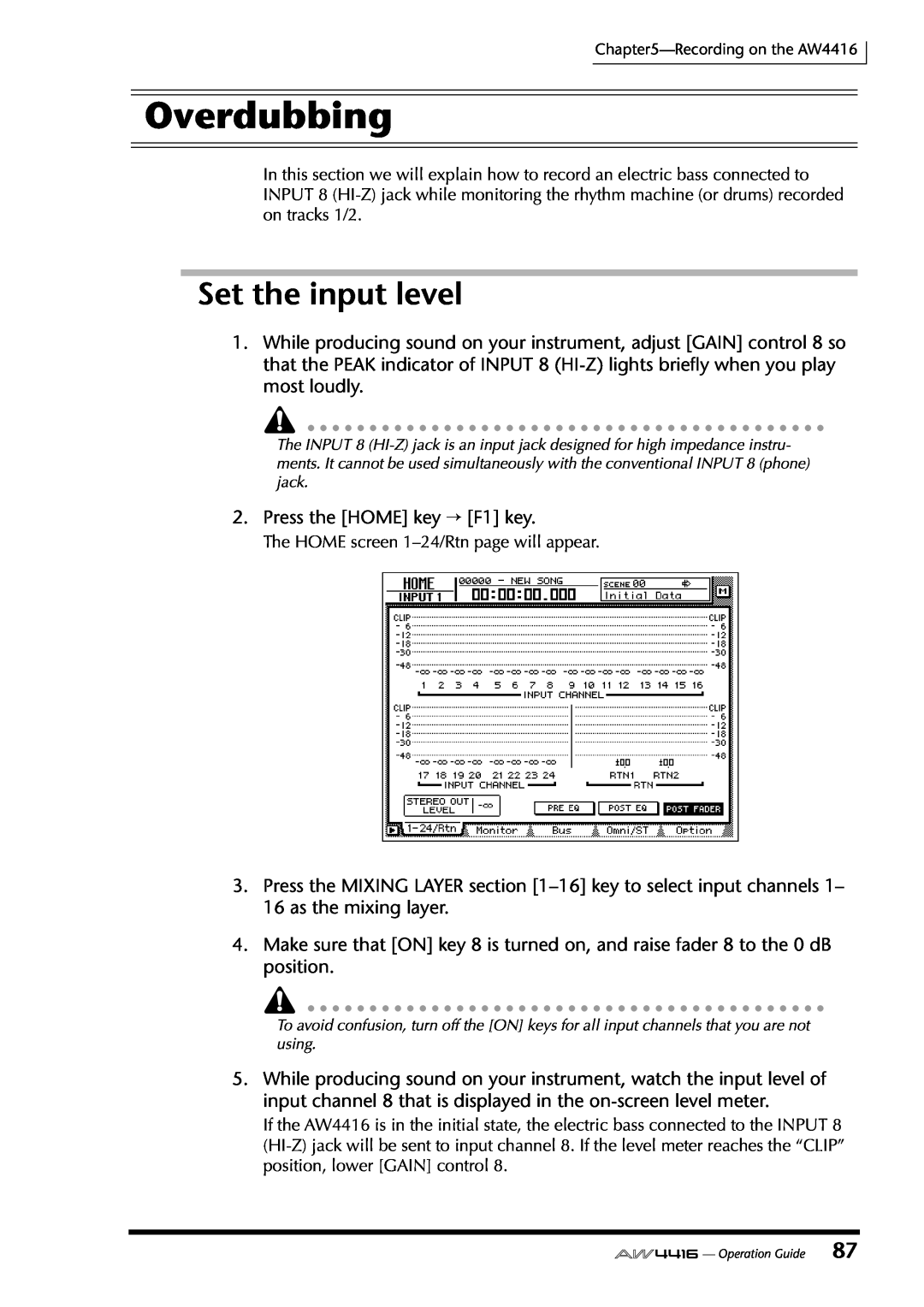 Yamaha AW4416 manual Overdubbing, Set the input level 