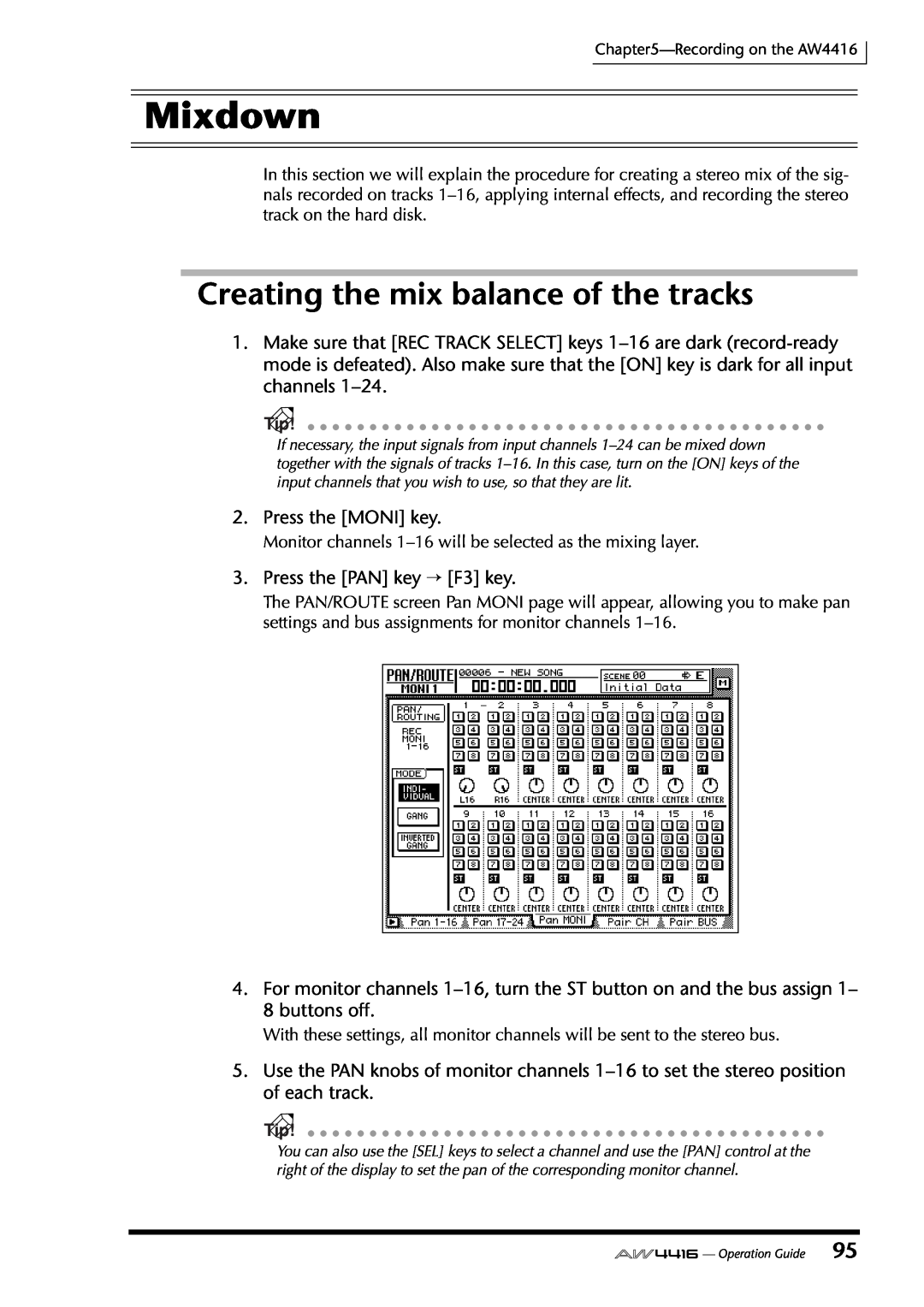 Yamaha AW4416 manual Mixdown, Creating the mix balance of the tracks 