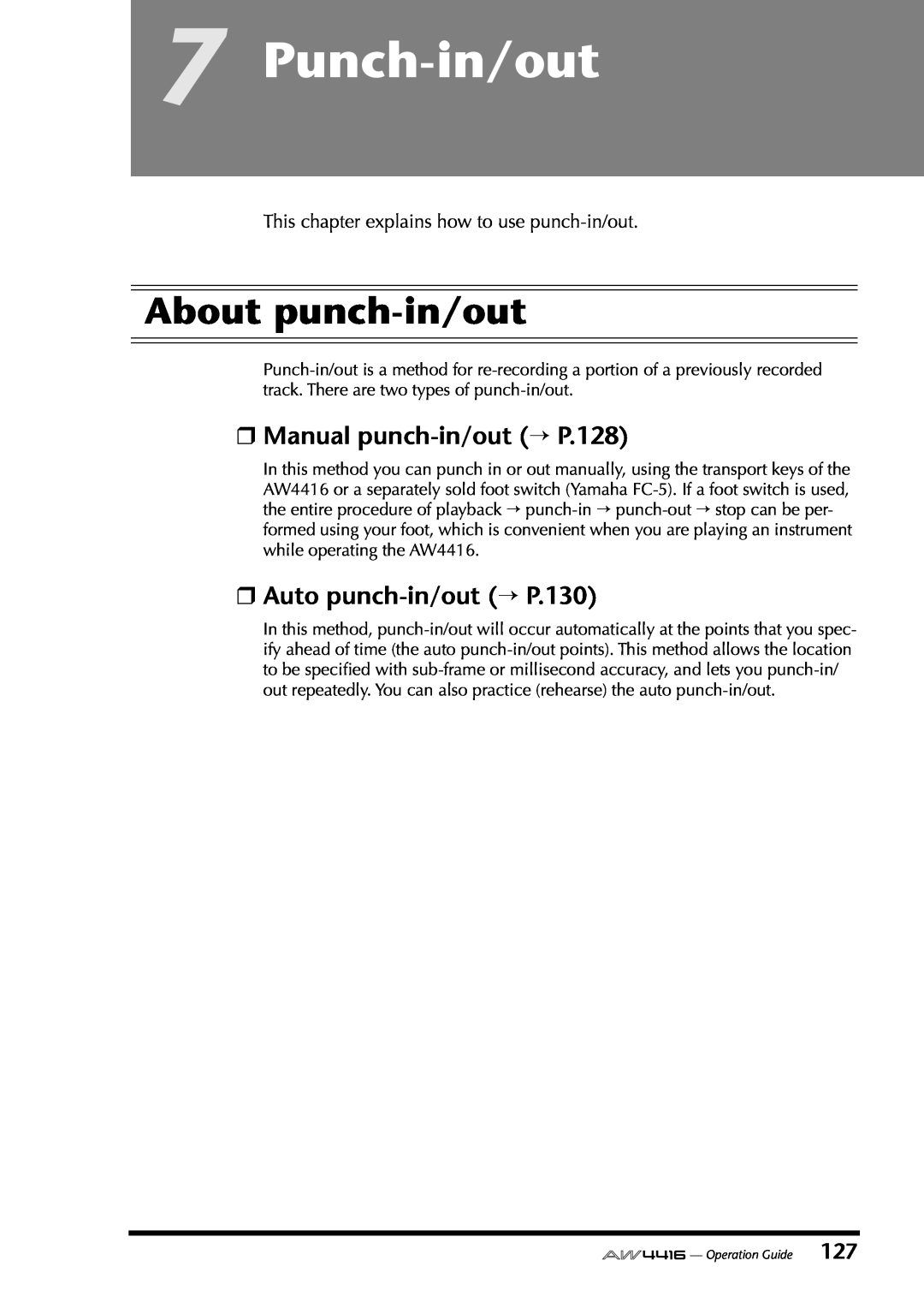 Yamaha AW4416 manual Punch-in/out, About punch-in/out, Manual punch-in/out→ P.128, Auto punch-in/out→ P.130 