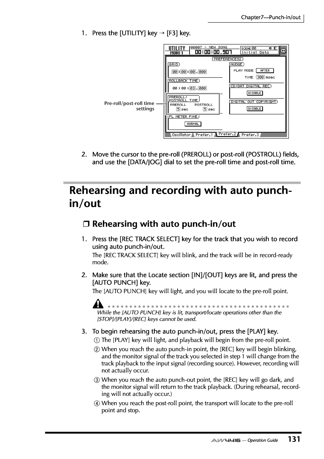Yamaha AW4416 manual Rehearsing and recording with auto punch- in/out, Rehearsing with auto punch-in/out 
