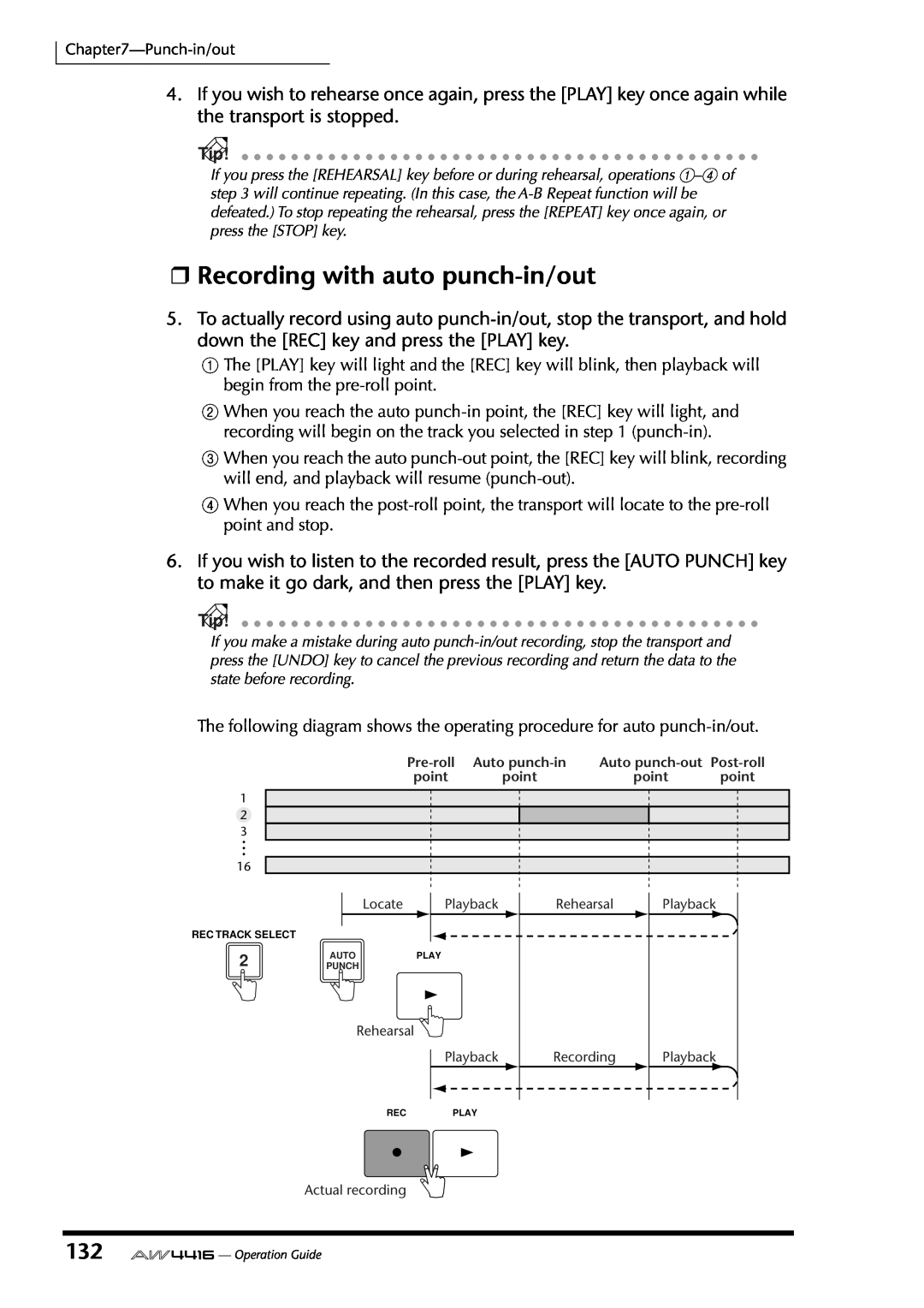 Yamaha AW4416 manual Recording with auto punch-in/out, Auto punch-in, Auto punch-out, point, Locate 