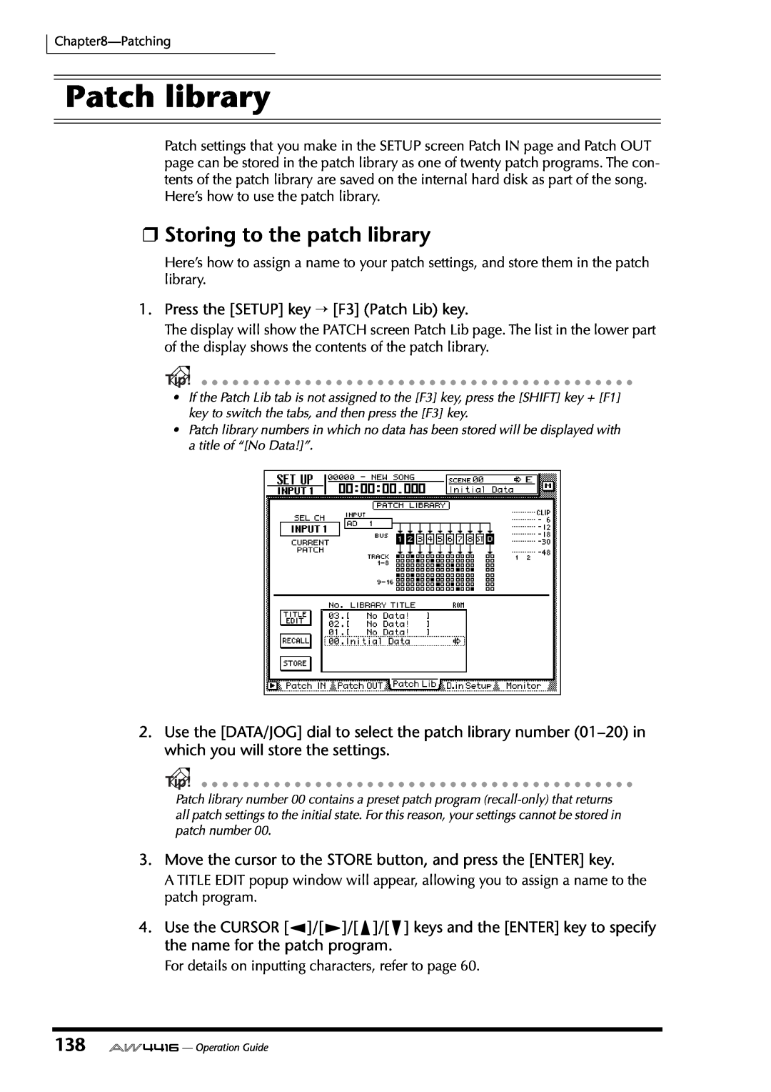 Yamaha AW4416 manual Patch library, Storing to the patch library 