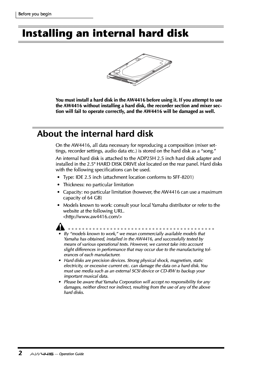 Yamaha AW4416 manual Installing an internal hard disk, About the internal hard disk 