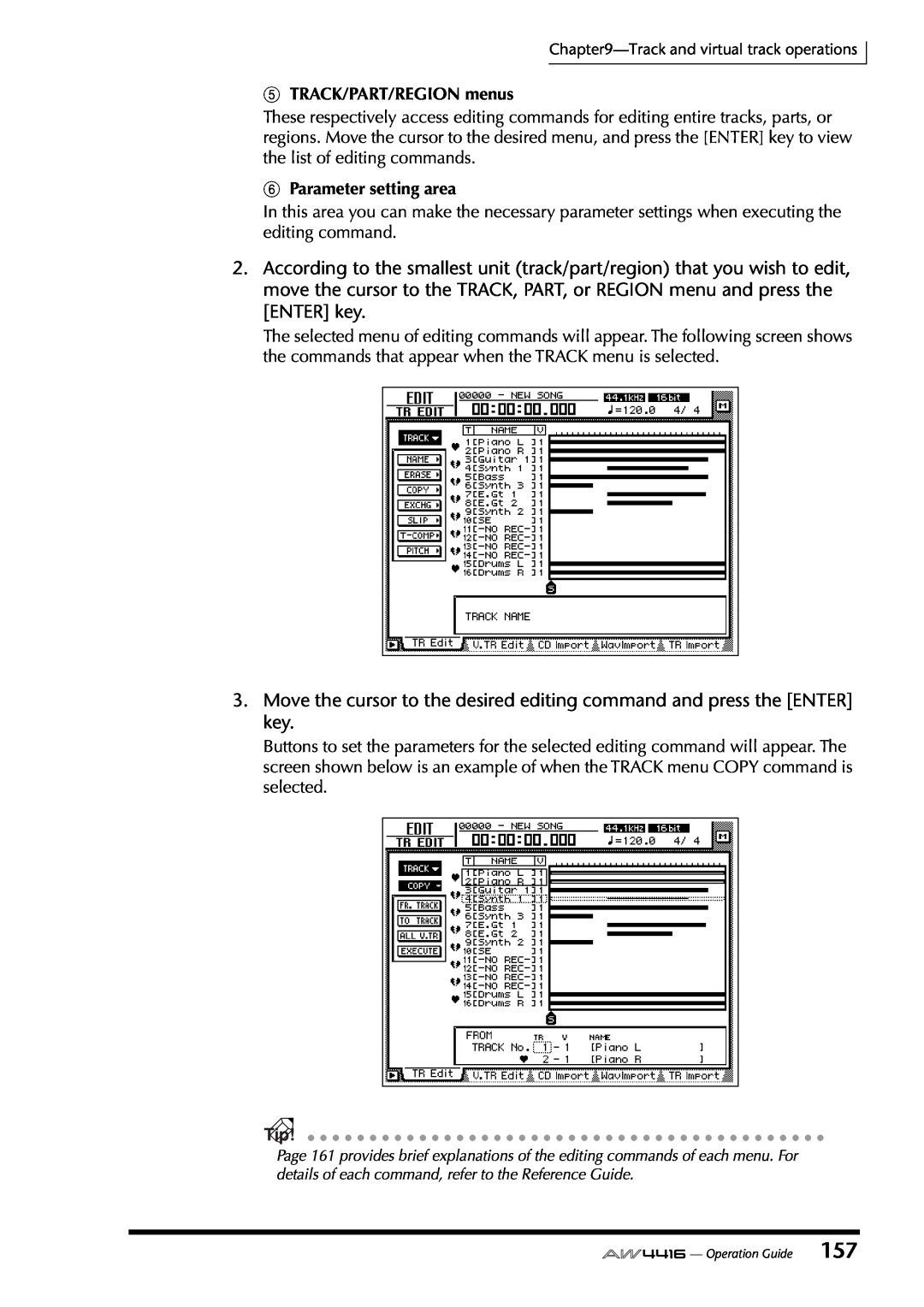 Yamaha AW4416 manual ETRACK/PART/REGION menus, FParameter setting area 