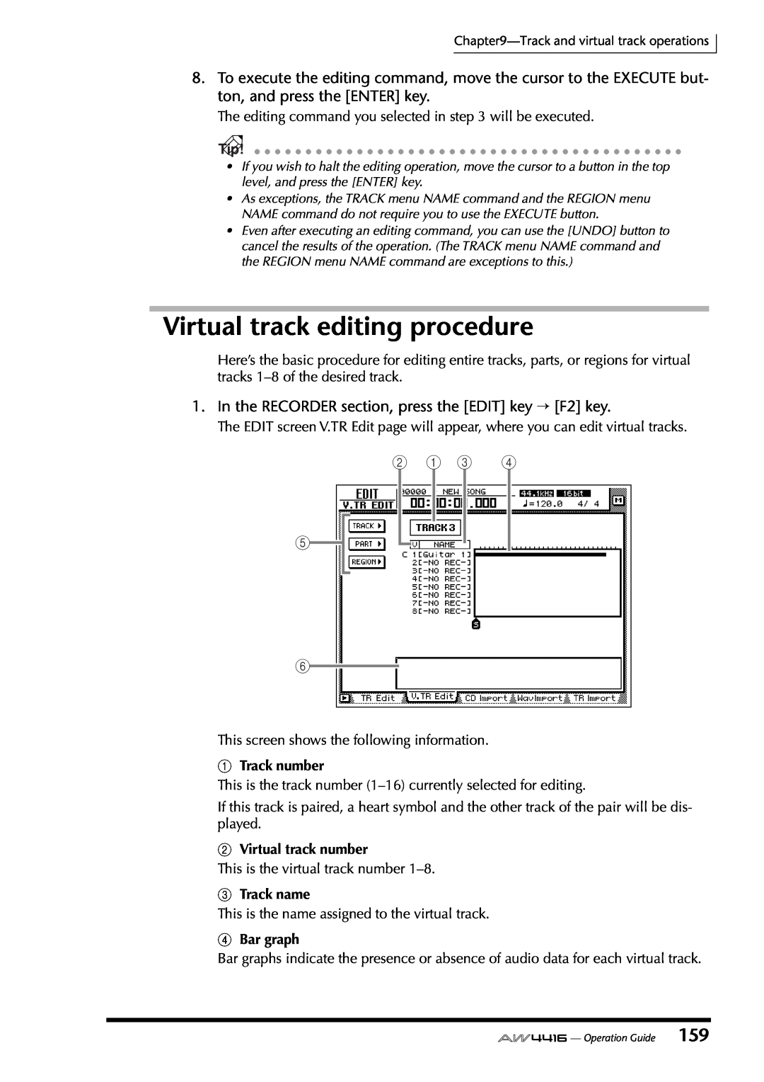 Yamaha AW4416 manual Virtual track editing procedure, 1Track number, BVirtual track number, CTrack name, DBar graph 