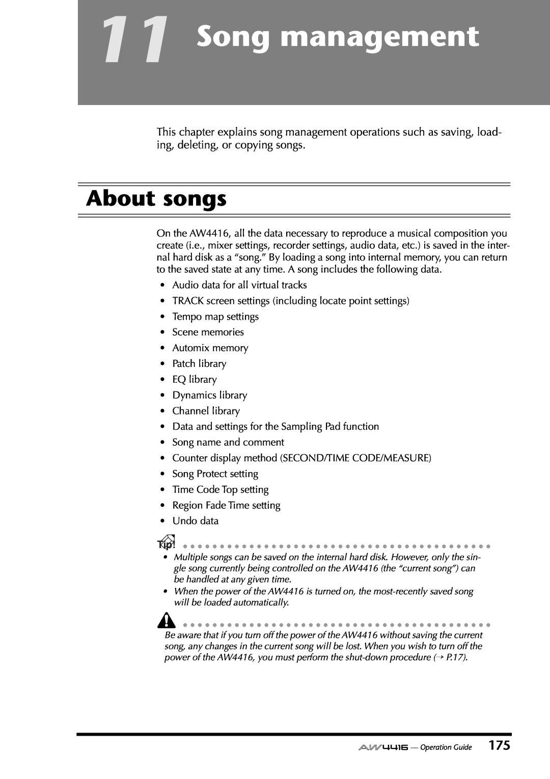 Yamaha AW4416 manual Song management, About songs 