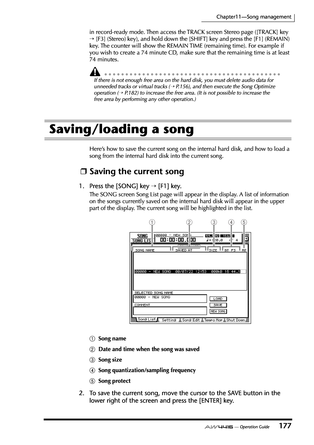 Yamaha AW4416 manual Saving/loading a song, Saving the current song, 1Song name BDate and time when the song was saved 