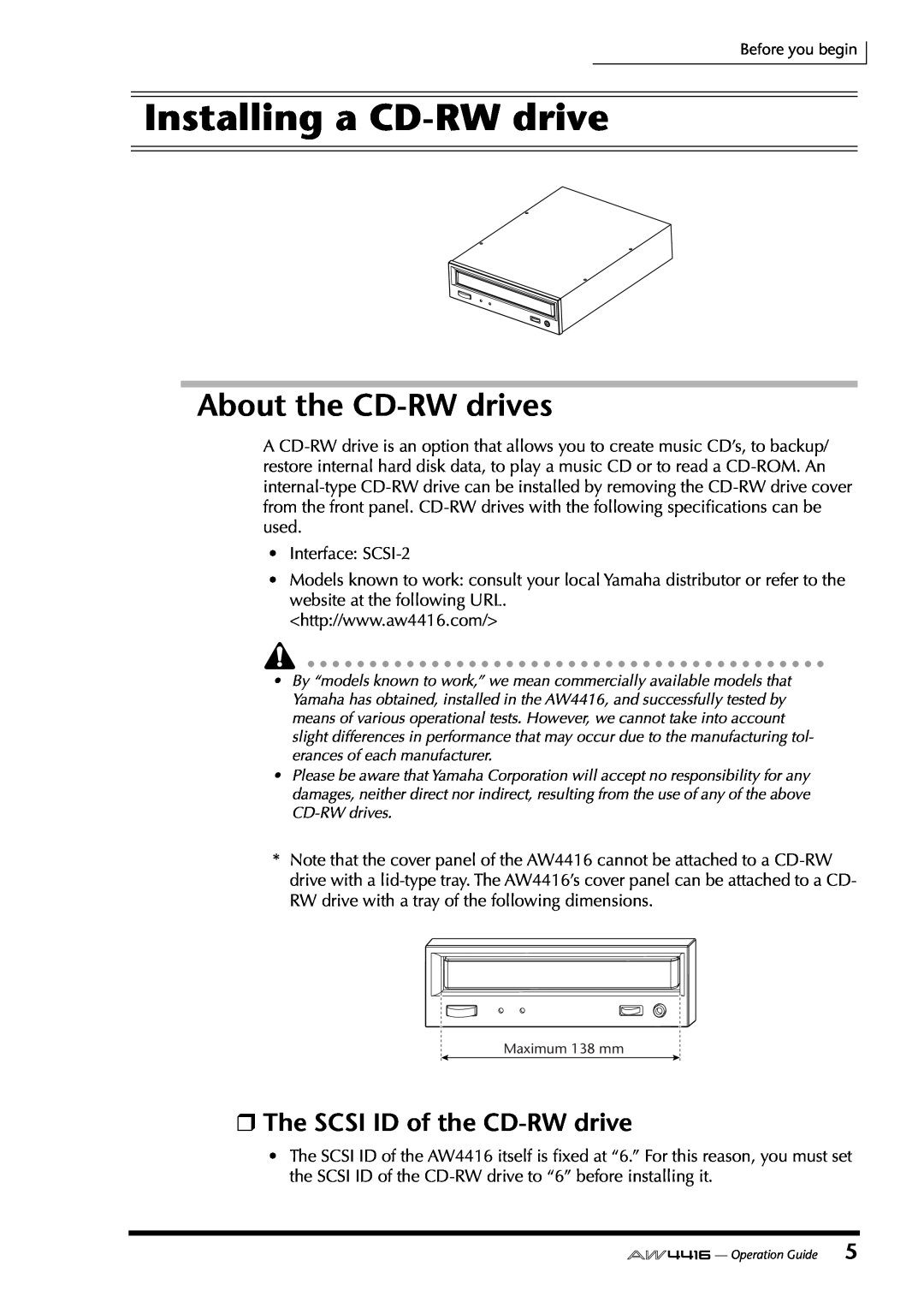 Yamaha AW4416 manual Installing a CD-RWdrive, About the CD-RWdrives, The SCSI ID of the CD-RWdrive 