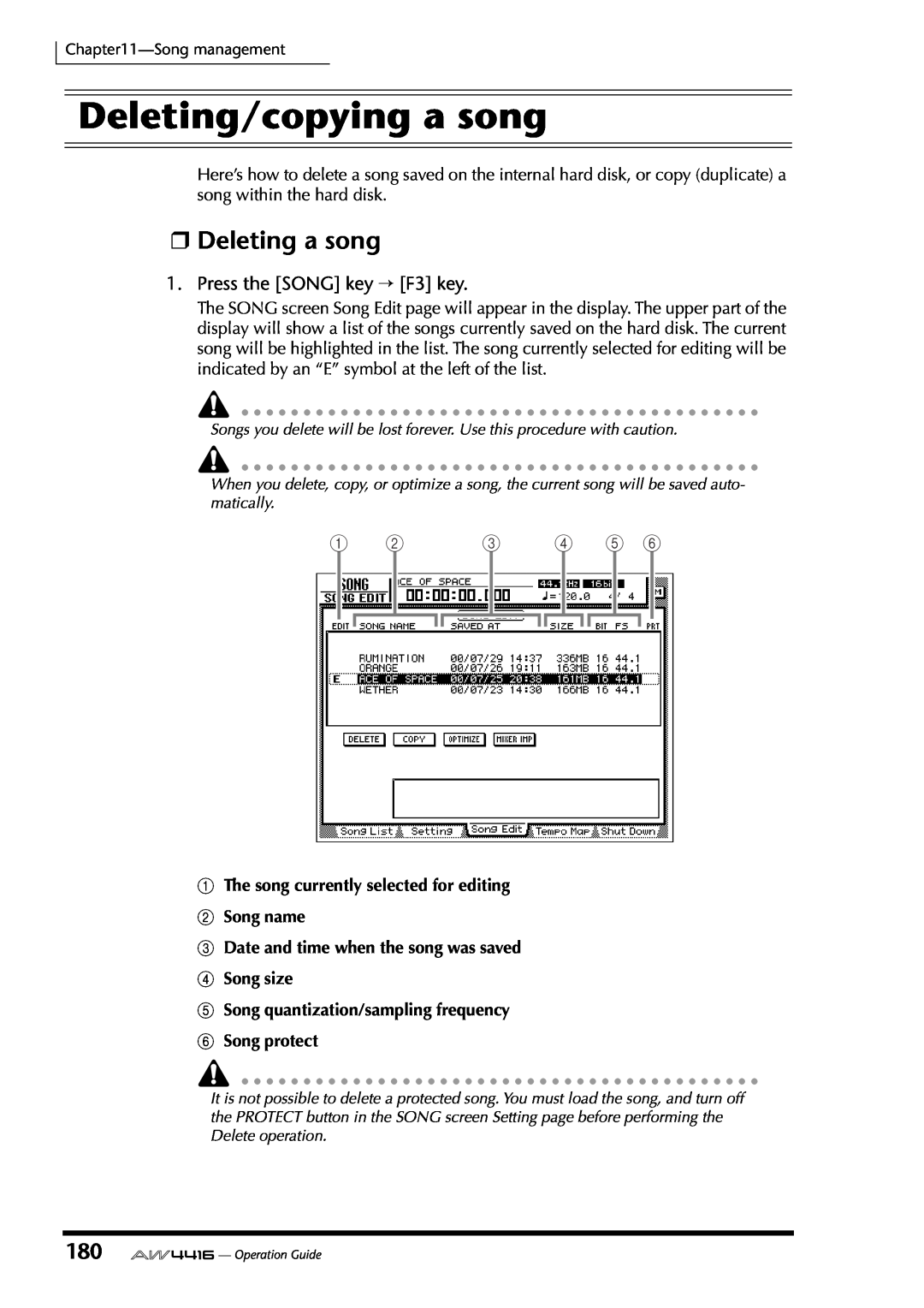 Yamaha AW4416 manual Deleting/copying a song, Deleting a song, 1The song currently selected for editing, FSong protect 