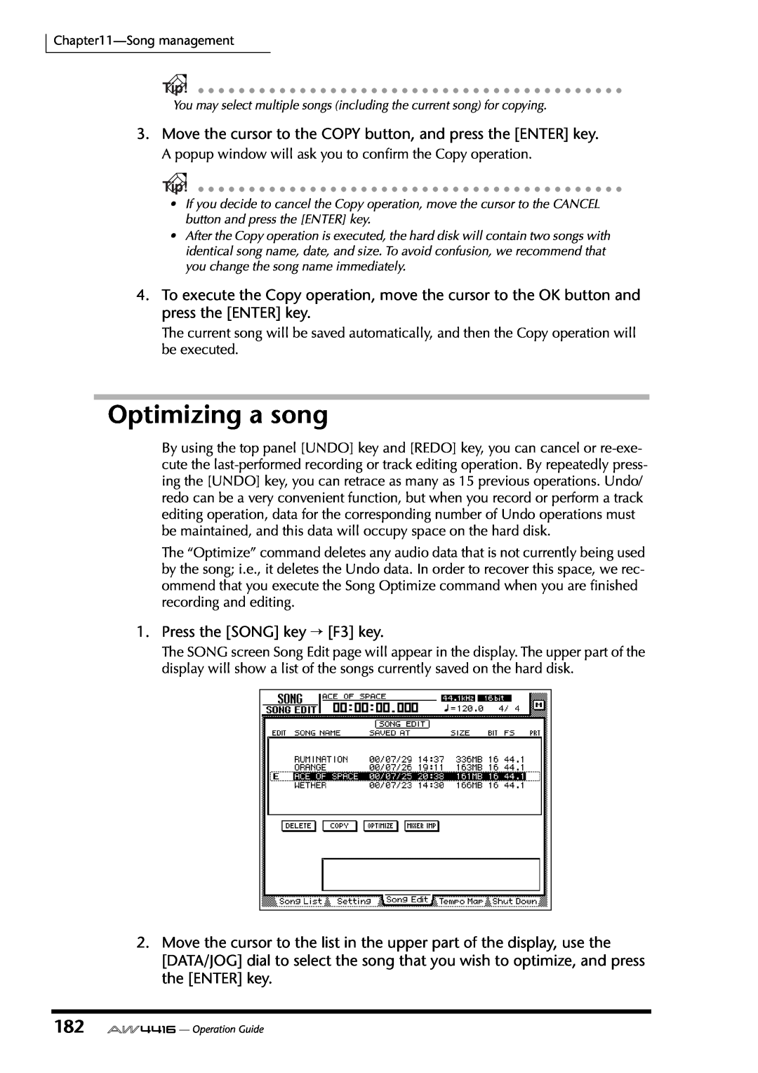 Yamaha AW4416 manual Optimizing a song 