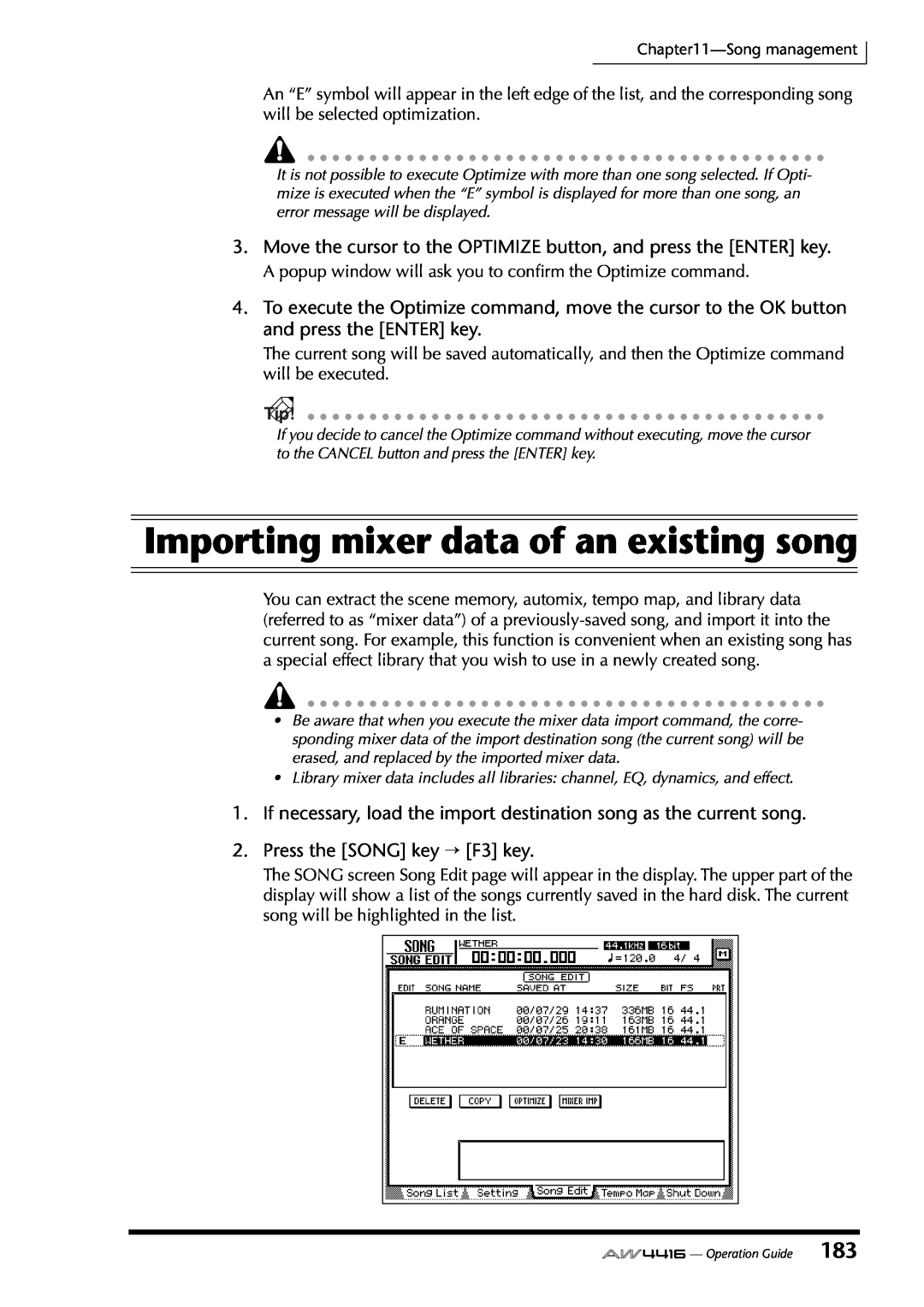 Yamaha AW4416 manual Importing mixer data of an existing song 