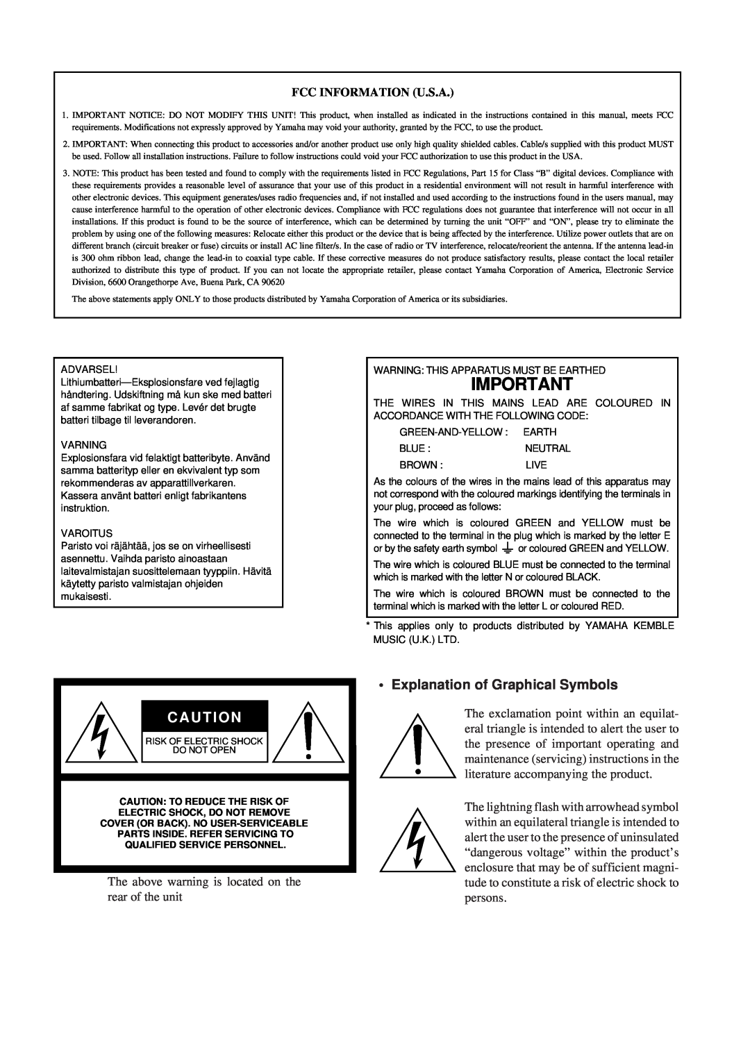 Yamaha AW4416 manual C A U T I O N, • Explanation of Graphical Symbols, Fcc Information U.S.A 
