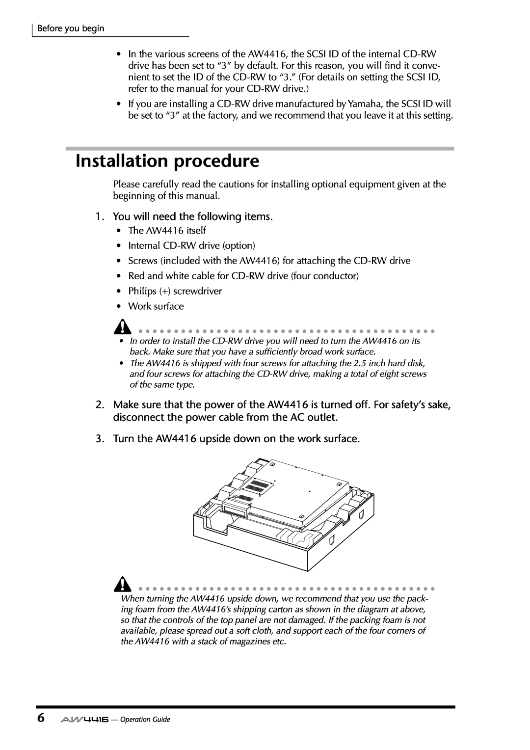 Yamaha manual Installation procedure, You will need the following items, Turn the AW4416 upside down on the work surface 