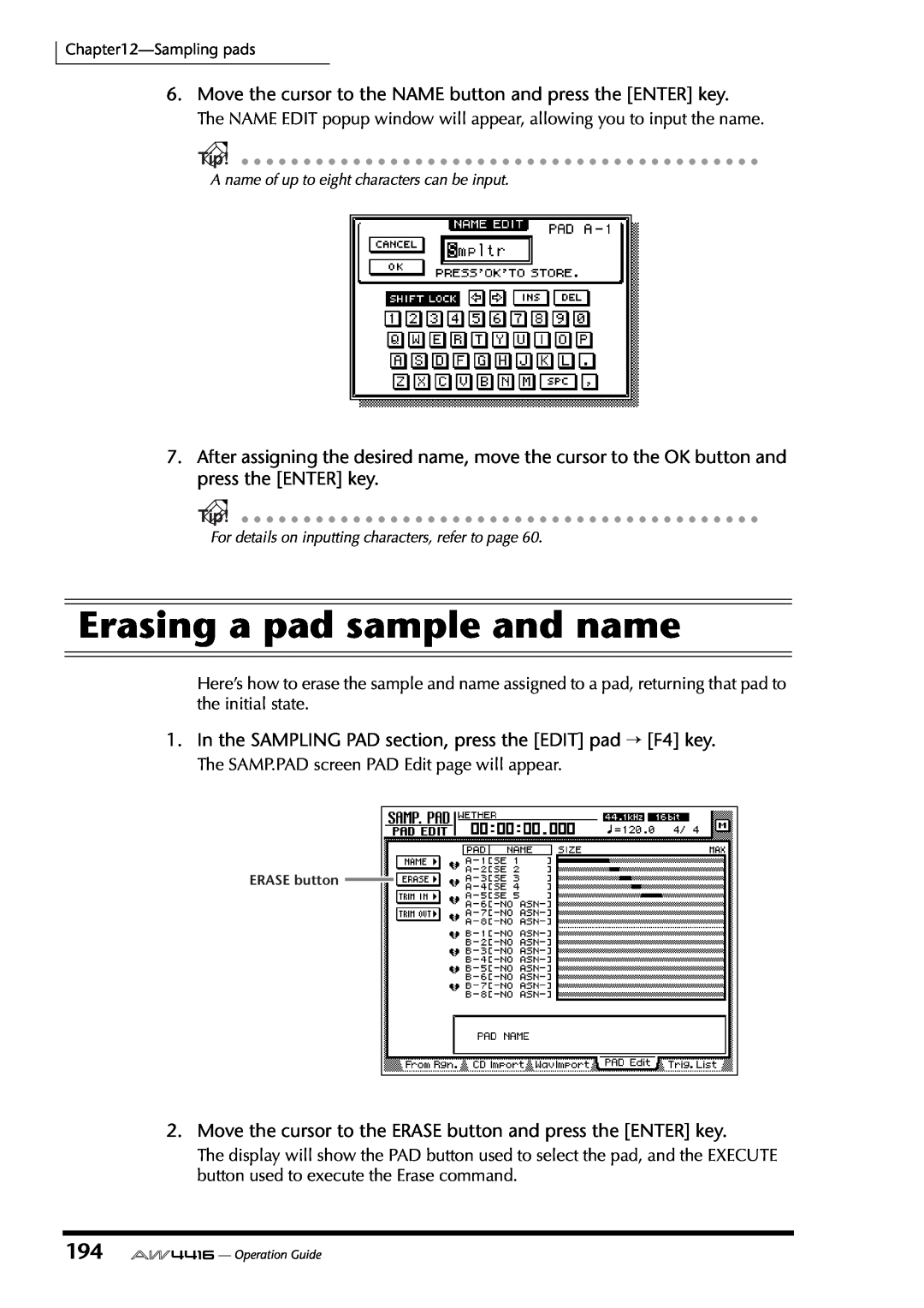 Yamaha AW4416 manual Erasing a pad sample and name 