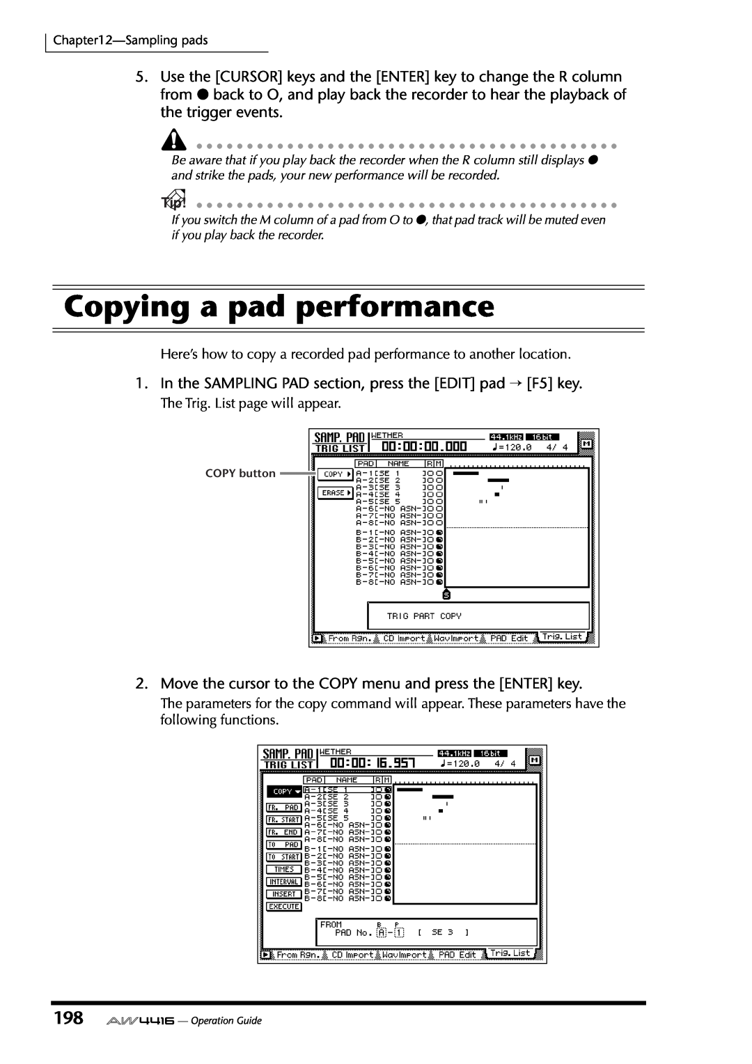 Yamaha AW4416 manual Copying a pad performance 