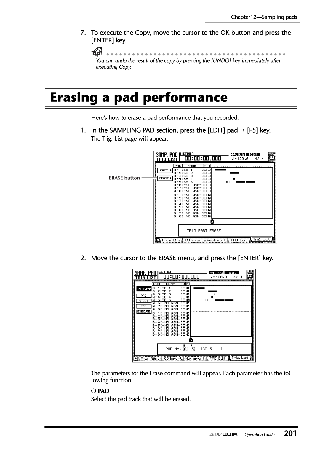 Yamaha AW4416 manual Erasing a pad performance 