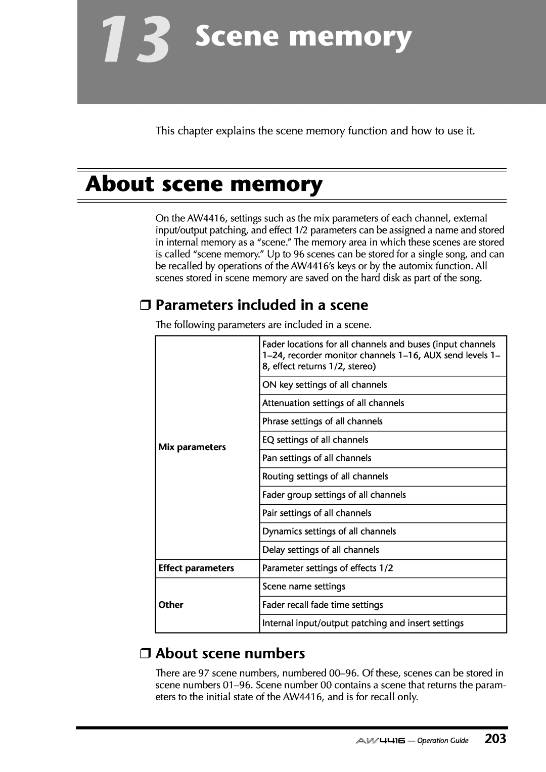 Yamaha AW4416 manual Scene memory, About scene memory, Parameters included in a scene, About scene numbers 