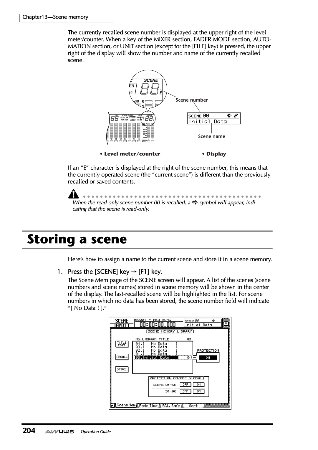 Yamaha AW4416 manual Storing a scene, Press the SCENE key → F1 key 