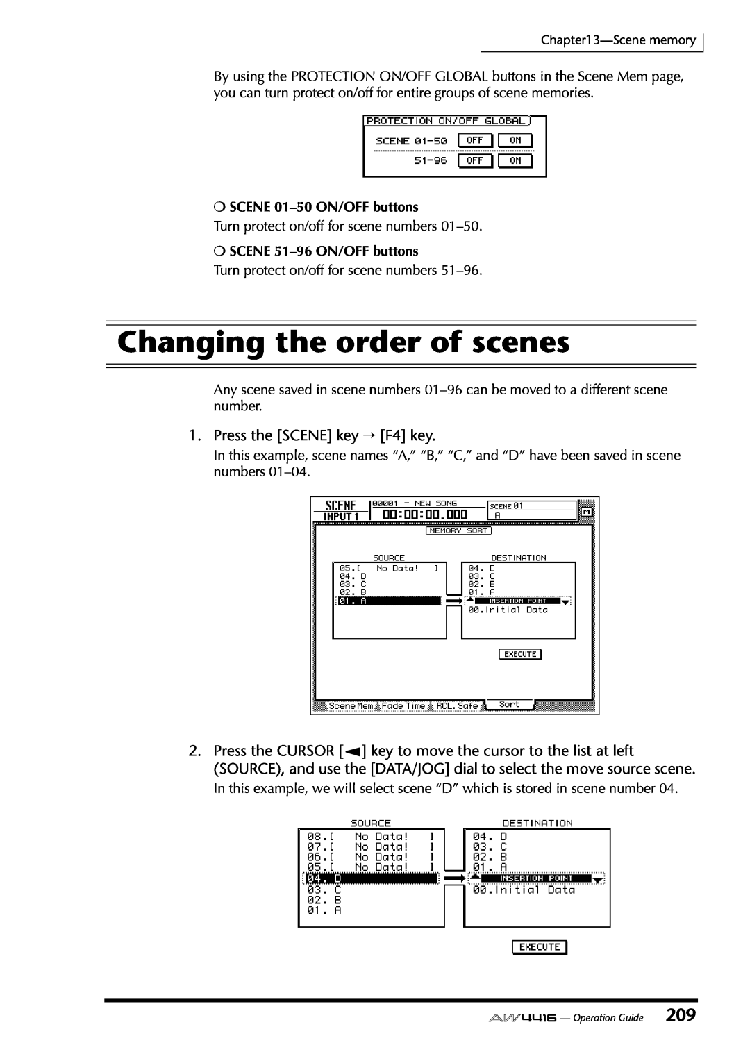 Yamaha AW4416 manual Changing the order of scenes, Press the SCENE key → F4 key, SCENE 01–50ON/OFF buttons 