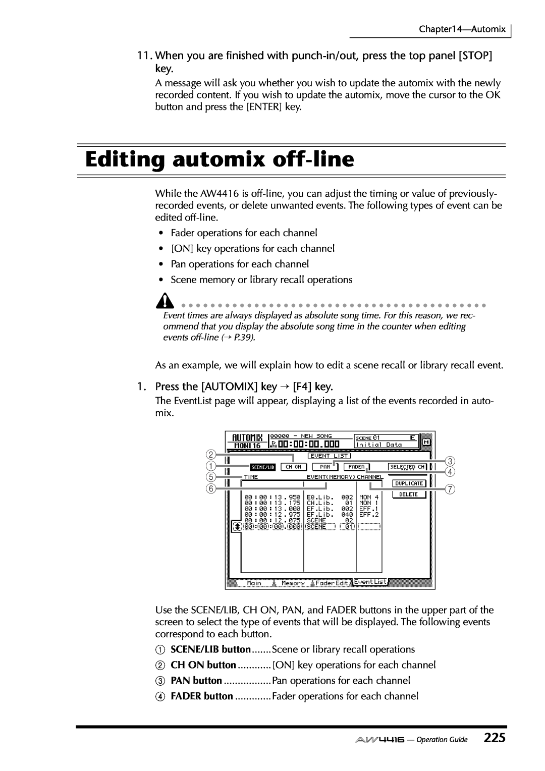 Yamaha AW4416 manual Editing automix off-line, Press the AUTOMIX key → F4 key, 2 1 5 6, 3 4 7 