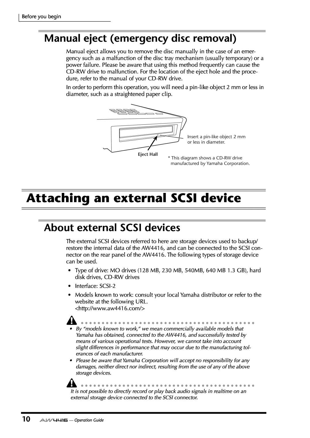 Yamaha AW4416 manual Attaching an external SCSI device, Manual eject emergency disc removal, About external SCSI devices 