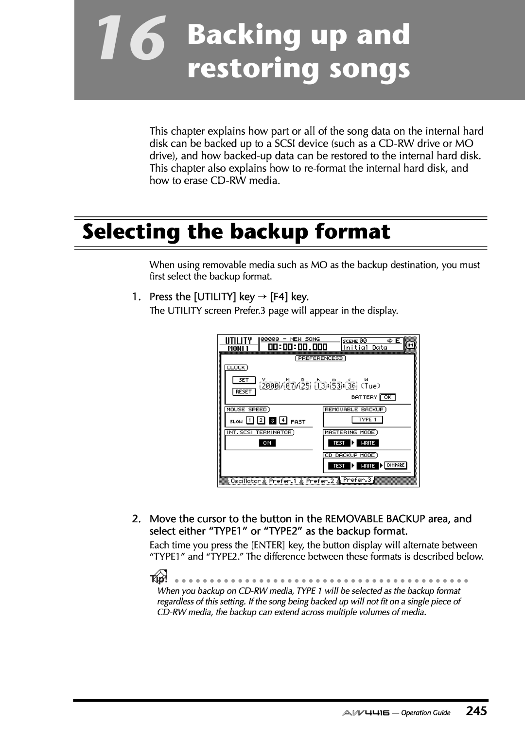 Yamaha AW4416 manual Backing up and restoring songs, Selecting the backup format 