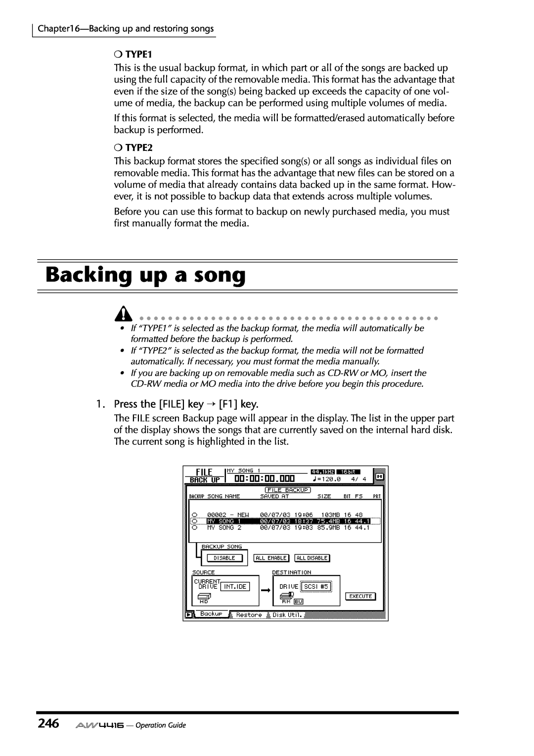 Yamaha AW4416 manual Backing up a song, Press the FILE key → F1 key, TYPE1, TYPE2 