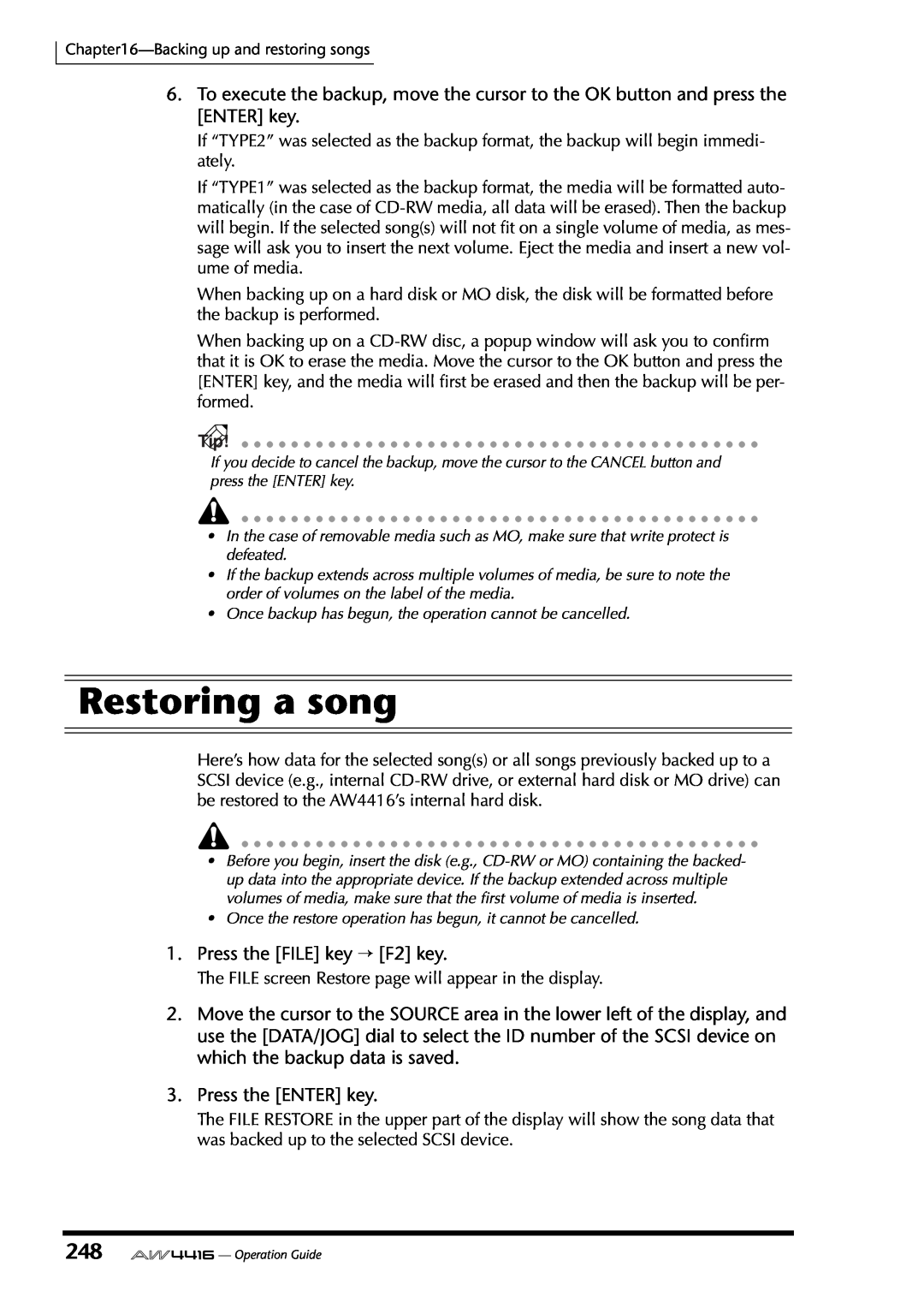 Yamaha AW4416 manual Restoring a song, Press the FILE key → F2 key, Press the ENTER key 