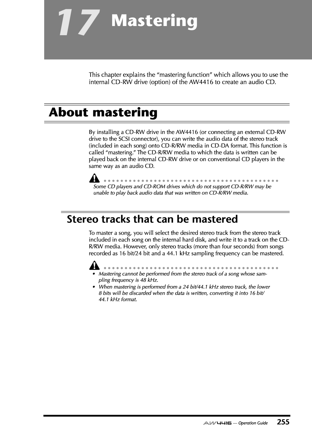 Yamaha AW4416 manual Mastering, About mastering, Stereo tracks that can be mastered 
