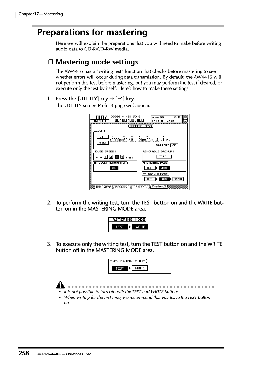 Yamaha AW4416 manual Preparations for mastering, Mastering mode settings 