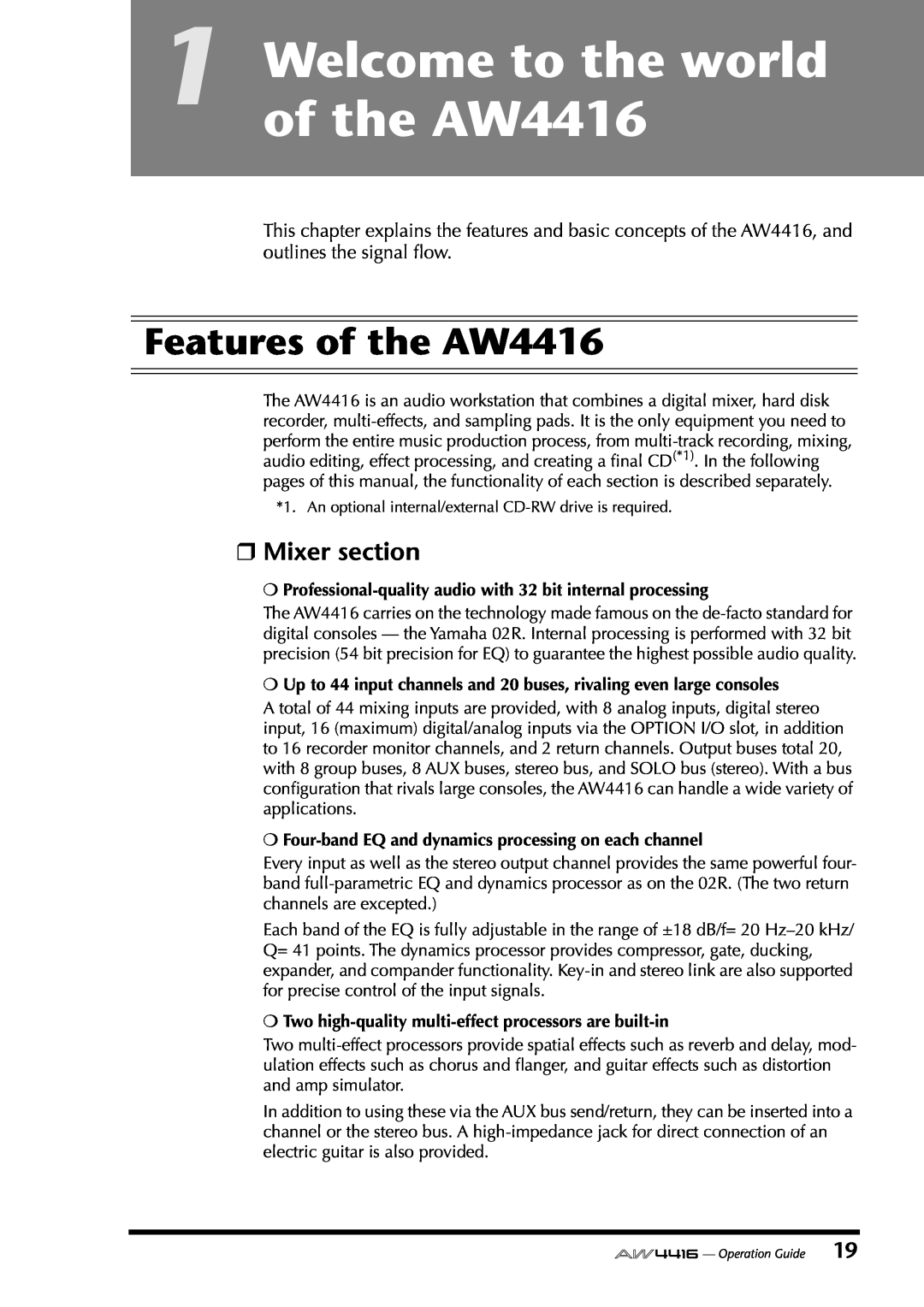 Yamaha manual Welcome to the world of the AW4416, Features of the AW4416, Mixer section 