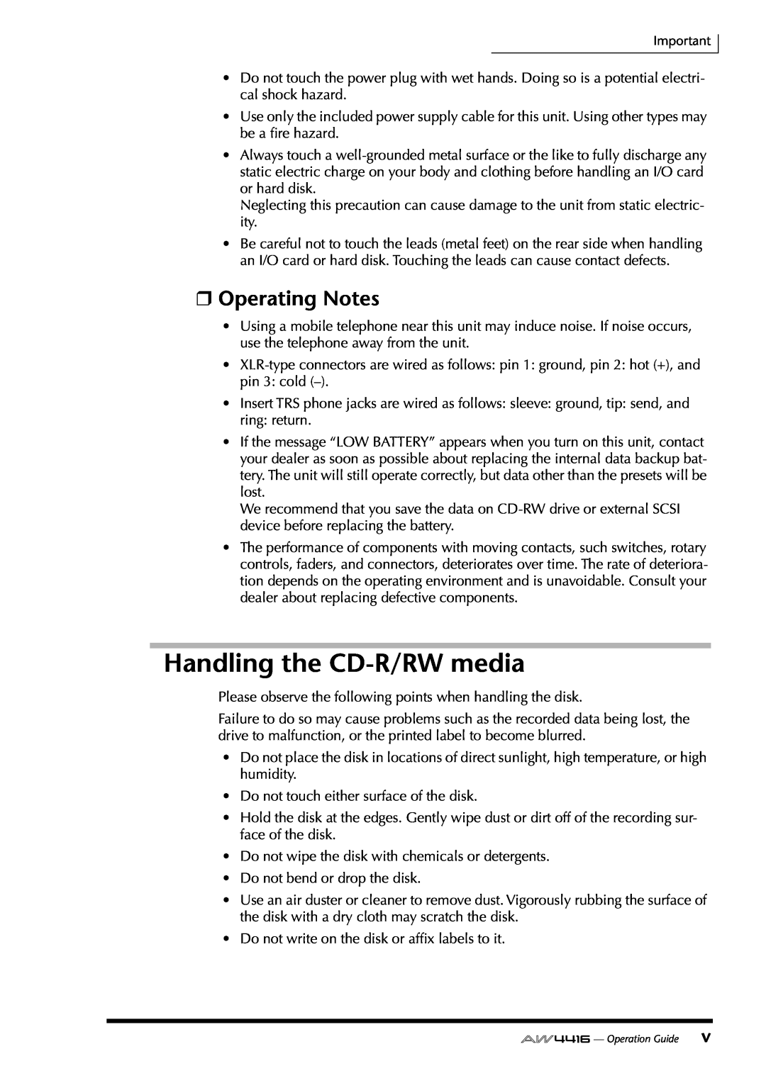 Yamaha AW4416 manual Handling the CD-R/RWmedia, Operating Notes 