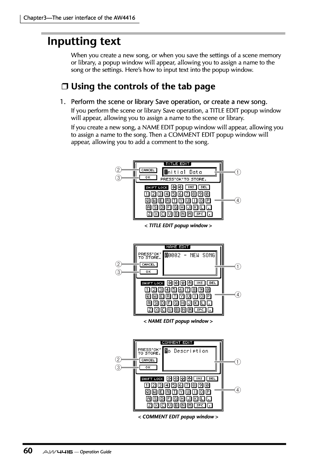 Yamaha AW4416 manual Inputting text, Using the controls of the tab page 