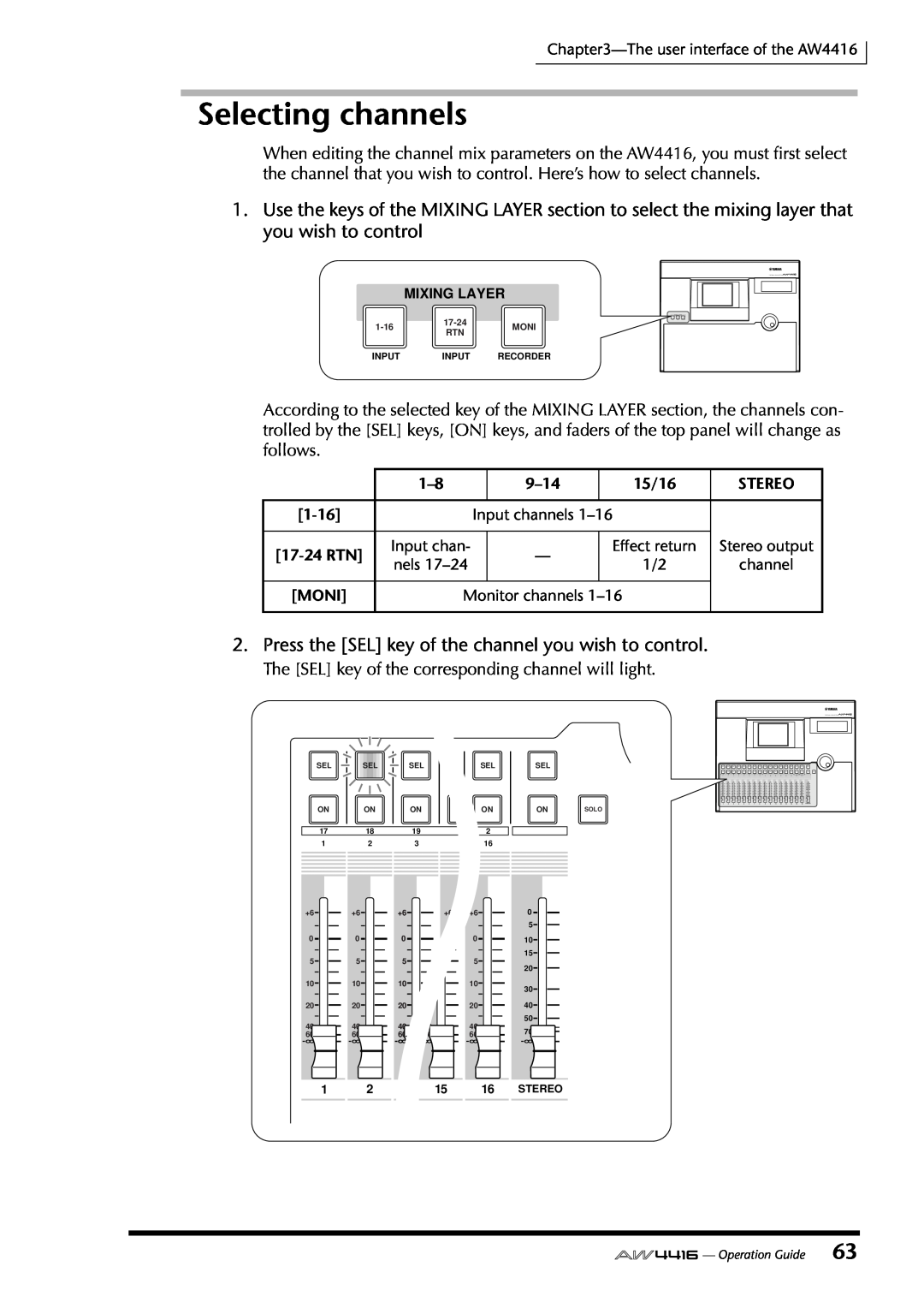 Yamaha AW4416 manual Selecting channels, 9–14, 15/16, Stereo, 1-16, 17-24RTN, Moni 