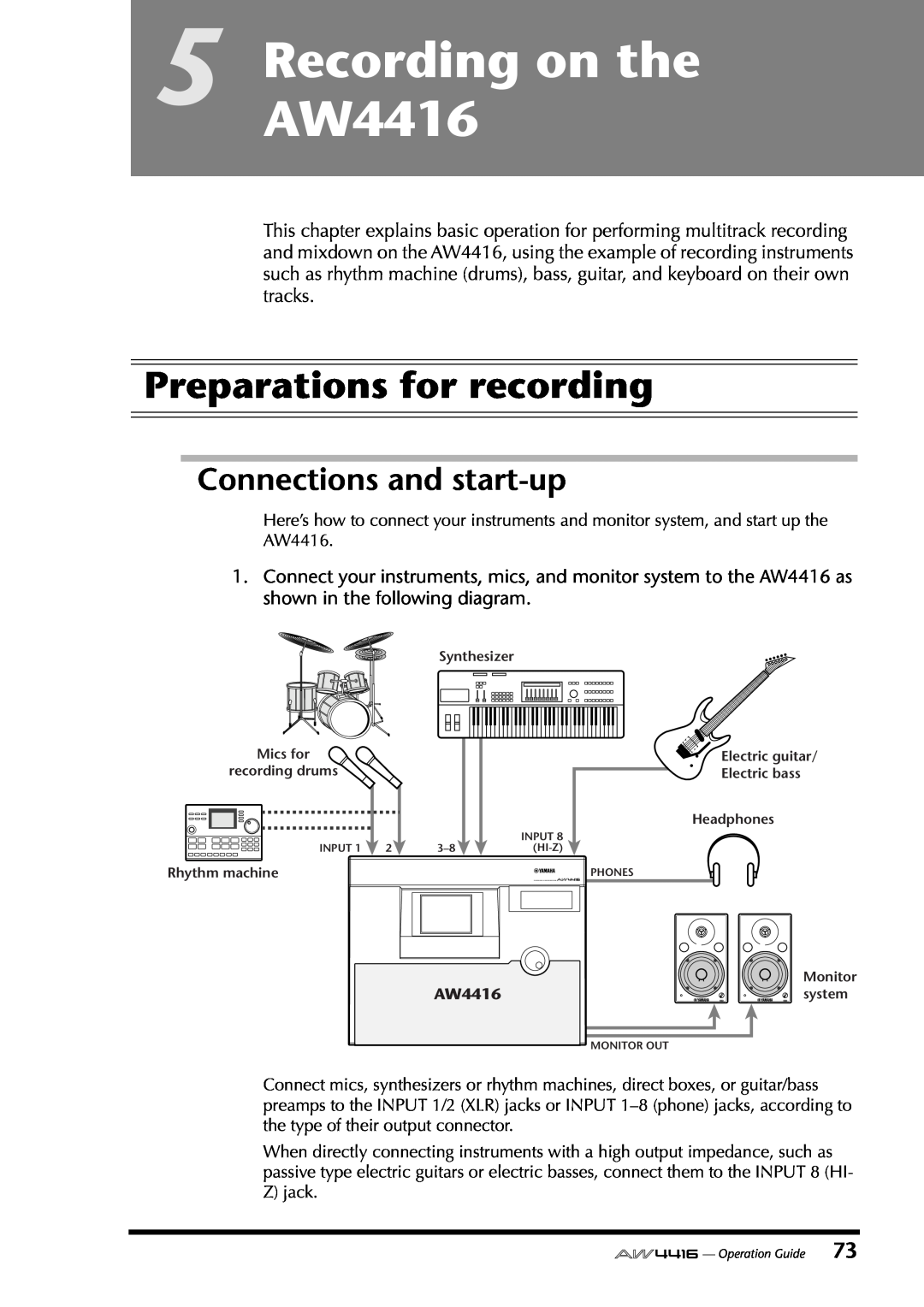 Yamaha manual RecordingAW4416 on the, Preparations for recording, Connections and start-up 